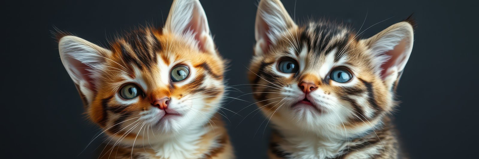 Two adorable kittens gazing curiously at the camera against a dark background in a cozy indoor setting